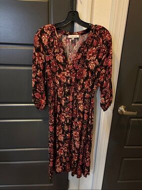 Floral Button-Front Midi Dress in Black and Burgundy